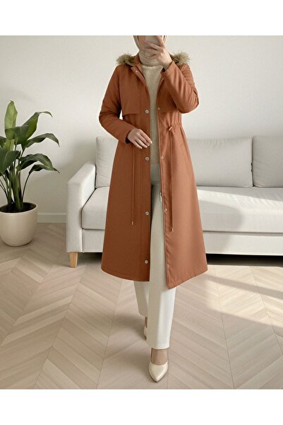 Modamorfo Plush Inside Fixed Hooded Tunnel Lace up Long Coat -Mustard