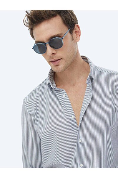 Kip Koyu Mavi Çizgili Regular Fit Casual Pamuk Karışımlı Gömlek