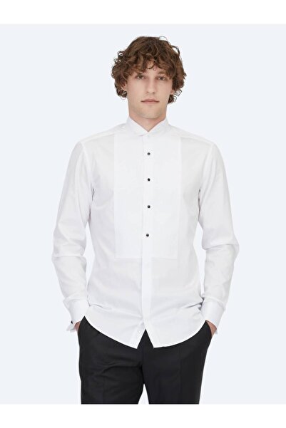 Kip White Slim Fit Tuxedo - Απλό κόψιμο, Διπλή μανσέτα, Πουκάμισο με λαιμόκοψη