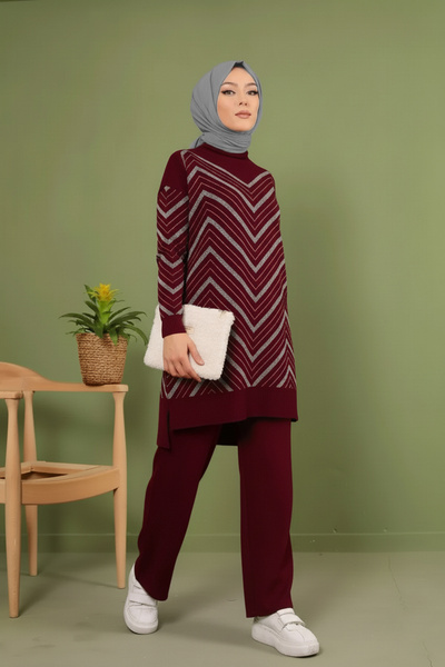 MODAQU Glittery Knitwear Tunic Trousers Set - Claret Red