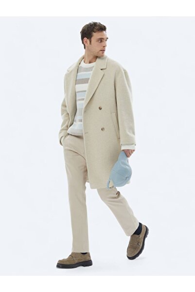 Kip Açık Bej Oversize Fit Kruvaze Yaka Klasik Dokuma Palto