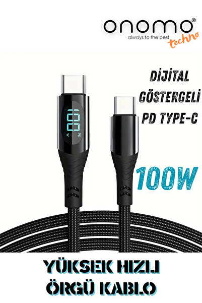 Onomo Techno 100w Type-c Dijital Göstergeli Şarj Ve Veri Kablosu, Örgülü, 120...
