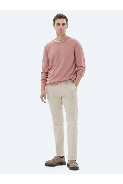 Kip Pembe Bisiklet Yaka Düz Örgü Pamuk Karışımlı Triko Kazak