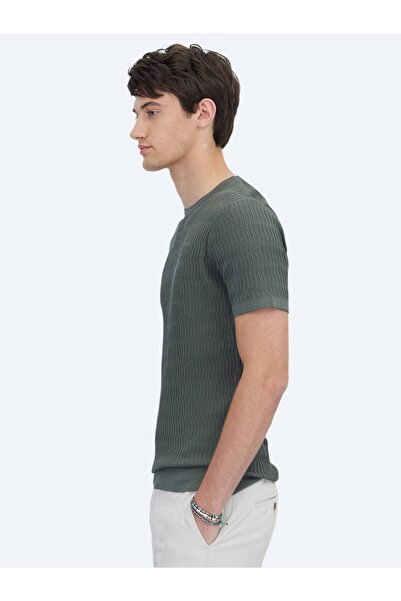 Kip Khaki Crew Neck Patterned Knitwear