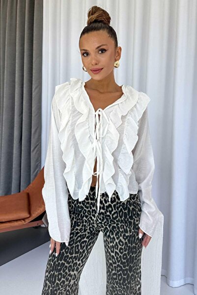 Mine Tan Butik Γυναικεία Μπλούζα με Λεπτομέρεια Ruffle - Λευκή