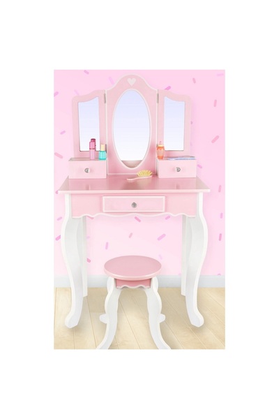 Smart Vibe KinderVibe wooden girls' makeup table with chair, safe mirror, drawers and pink accessories