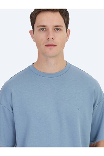 Kip Mavi Düz Bisiklet Yaka T-Shirt