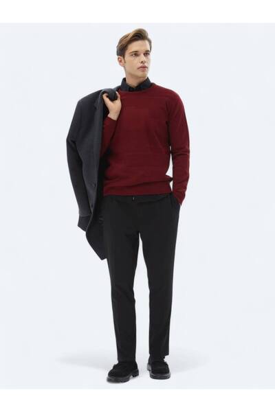 Kip Kırmızı Bisiklet Yaka Jakarlı Yün Karışımlı Triko Kazak