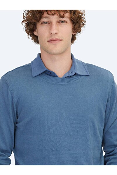 Kip Havacı Mavi Bisiklet Yaka Desenli Pamuk Karışımlı Triko Kazak