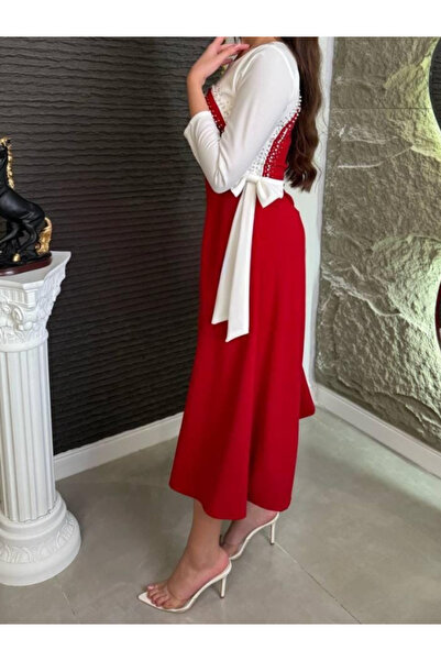 Nice Model Pearl Embellished Midi Dress with Belted Waist & Color Block Design - Elegant Evening Wear