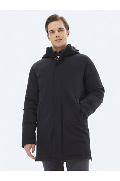 Kip Siyah Comfort Fit Kapüşonlu Casual Dokuma Kaban