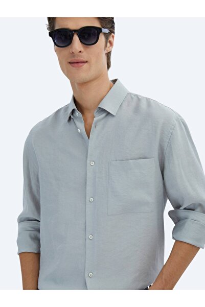 Kip Gri Düz Oversize Fit Dokuma Casual Gömlek