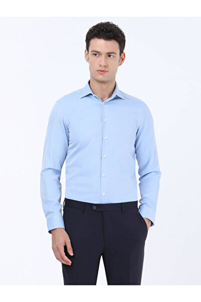 Kip Mavi Düz Slim Fit Dokuma Klasik Pamuk Karışımlı Gömlek