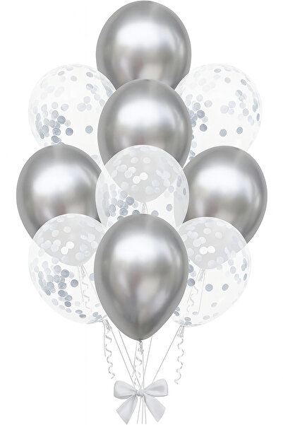 Parti dolabı 20 Gümüş Konfetili Balon Seti 10 Metalik Gri Balon, 10 Şeffaf Balon 10gr Gümüş Balon Konfetisi