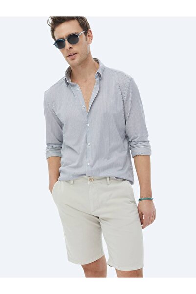 Kip Koyu Mavi Çizgili Regular Fit Casual Pamuk Karışımlı Gömlek
