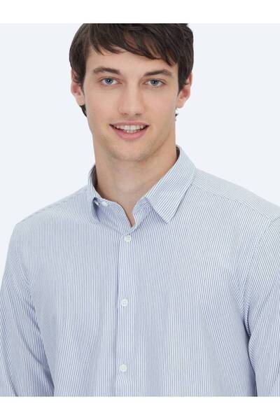 Kip Mavi Çizgili Regular Fit Casual Pamuk Karışımlı Gömlek
