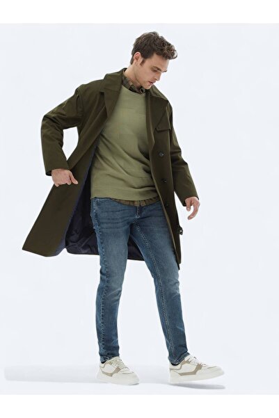 Kip Navy Blue Slim Fit Denim-Cotton Blend Trousers