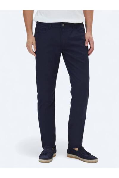 Kip Navy Blue Denim Slim Fit Casual Cotton Blend Trousers