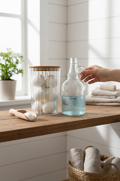 zezedesing Буркан за перилен препарат на райета с дървен капак 2300 мл - бути...