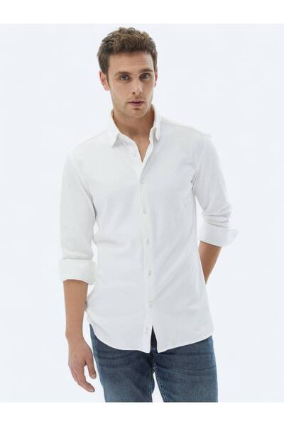 Kip White Plain Regular Fit Woven Casual 100% Cotton Shirt