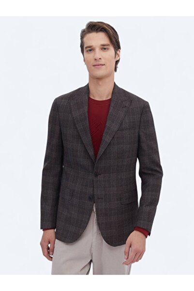 Kip Коричневий картатий Slim Fit 100% вовняний піджак