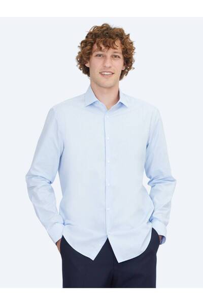 Kip قميص أزرق كلاسيكي منسوج بقصة عادية مصنوع من القطن بنسبة 100%