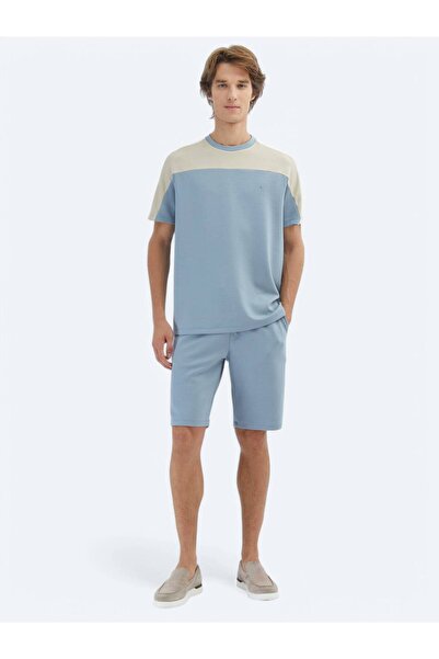 Kip Mavi Düz Bisiklet Yaka T-Shirt