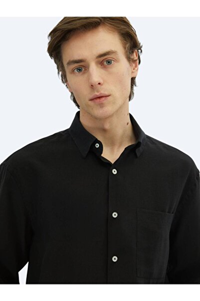 Kip Siyah Düz Oversize Fit Dokuma Casual Gömlek