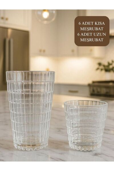 isra kristal Kristal İşlemeli Cam Bardak 12’li Set – 6 Uzun 6 Kısa Su, Meşrub...
