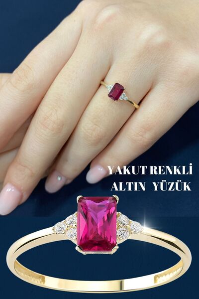 Hepimitu Yakut Renkli Altın Yüzük 14 Ayar