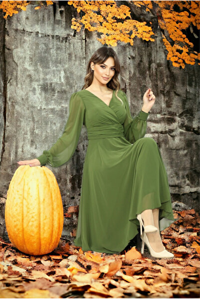 FaBe Fashion فستان شيفون ميدي بأكمام طويلة وياقة مزدوجة الصدر