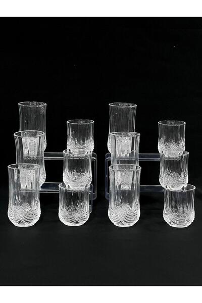 isra kristal Crystal Embossed Glass Cups Set of 12 - 6 Tall and 6 Short Water, Soft Drink and Cocktail Glasses