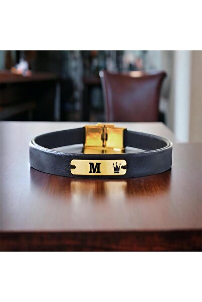 ARCHINO GOLD 14 Ayar Altın Plakalı M Harfine Özel Taç Motifli Hakiki Siyah Derili Hediye Bileklik-581harf
