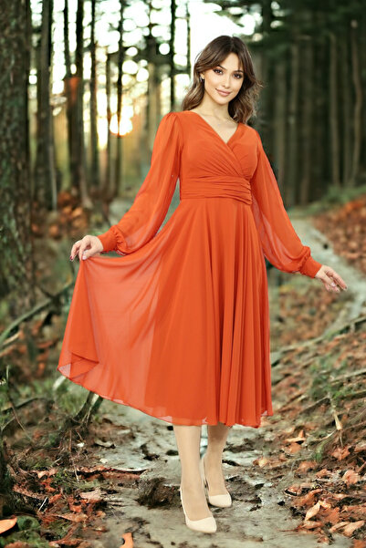 Long Sleeve Double Breasted Collar Midi Chiffon Dress