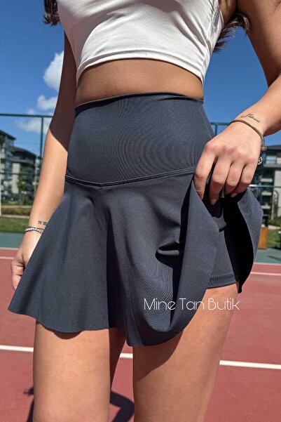 Mine Tan Butik High Waist Lycra Scuba Shorts Skirt - Gray