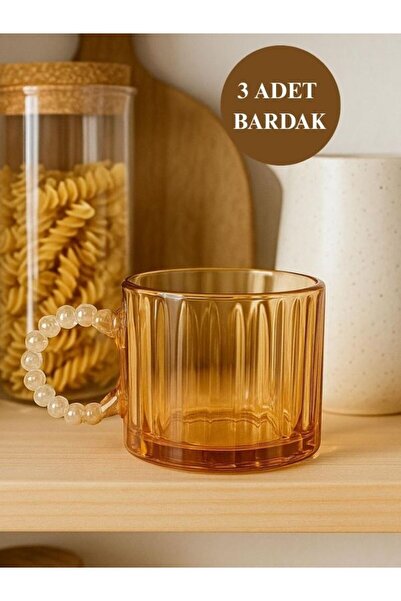 isra kristal Amber Renkli Cam Kulplu Çay ve Kahve Bardakları – 3’lü Modern Ba...