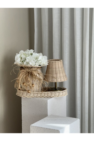 Maison Avf Rattan Set Table Lamp-Organizer Basket-Vase & Hydrangea Flower Set of 4