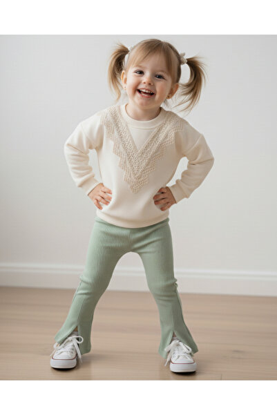 Ege Bebek Set șic sezonier pentru fetiță, cu dantelă, cu detaliu de fantă, cu picioare spaniole, pentru vârstele 2-3-4-5-6