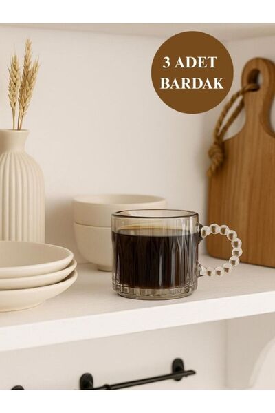 isra kristal Füme Cam Kulplu Çay ve Kahve Bardakları – 3’lü Modern Bardak Seti
