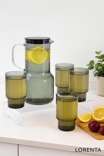 isra kristal Kapaklı Füme Renkli Cam Sürahi ve 4’lü Bardak Takımı – Renkli Şı...