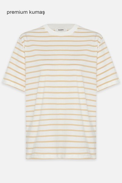Amia&Co. White-Beige Striped Crew Neck Short Sleeve T-Shirt