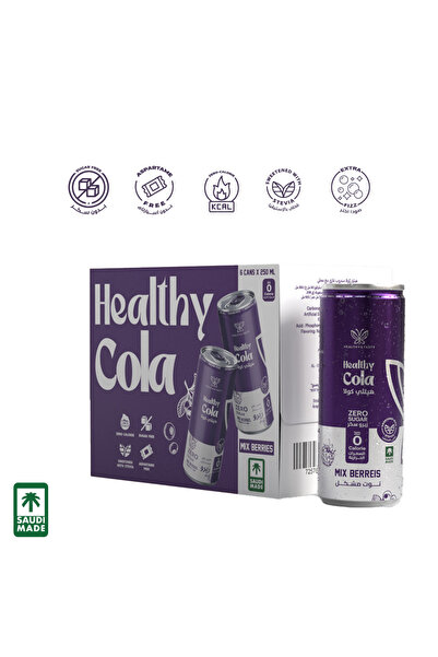 Healthy Cola co كولا صحية، 6 علب × 250 مل، محلاة بالستيفيا، مشروب غازي، بدون سكر، خالي من الأسبارتام، زيرو