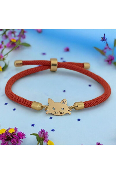 ARCHINO GOLD 14 Ayar Altın Plakalı Defne İsmine Özel Kedi Figürlü Turuncu İpek Örgülü Hediye Bileklik-635isim