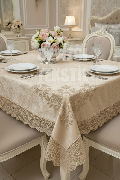 Çt Çeyizci Tekstil مفرش طاولة مخملي مقاس 160×220 سم |   غطاء طاولة طعام من الدانتيل مقاس 160×220 سم لطاولة واحدة