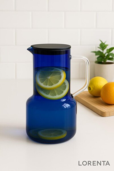 isra kristal Mavi Renkli Cam Sürahi – Kapaklı, Isıya Dayanıklı, Su ve İçecek ...