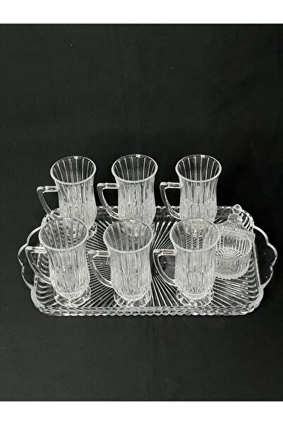 isra kristal Crystal Look Glass Tea Set – Sugar Bowl + Glass Tray + 6 Paşabahçe Handled Tea Cups (8 Pieces)