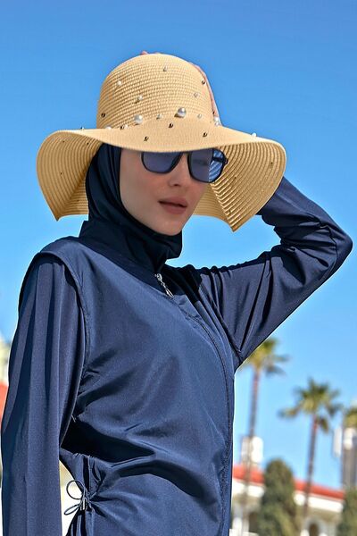 Remsa Mayo Ψάθινο σκούρο μπεζ καπέλο με πέρλες - Rş-62