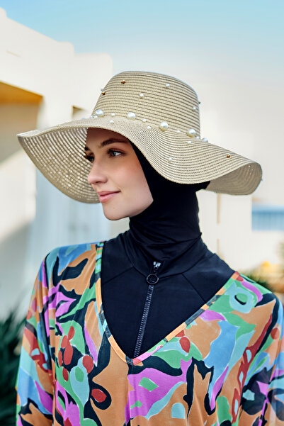 Remsa Mayo Ψάθινο σκούρο μπεζ καπέλο με πέρλες - Rş-62