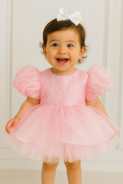 Hobidik Kız Bebek Çocuk Organze Balon Kol Pembe İncili Kabarık Doğum Günü Elbisesi