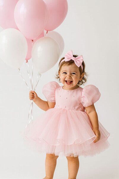 Hobidik Kız Bebek Çocuk Organze Balon Kol Pembe İncili Kabarık Doğum Günü Elbisesi